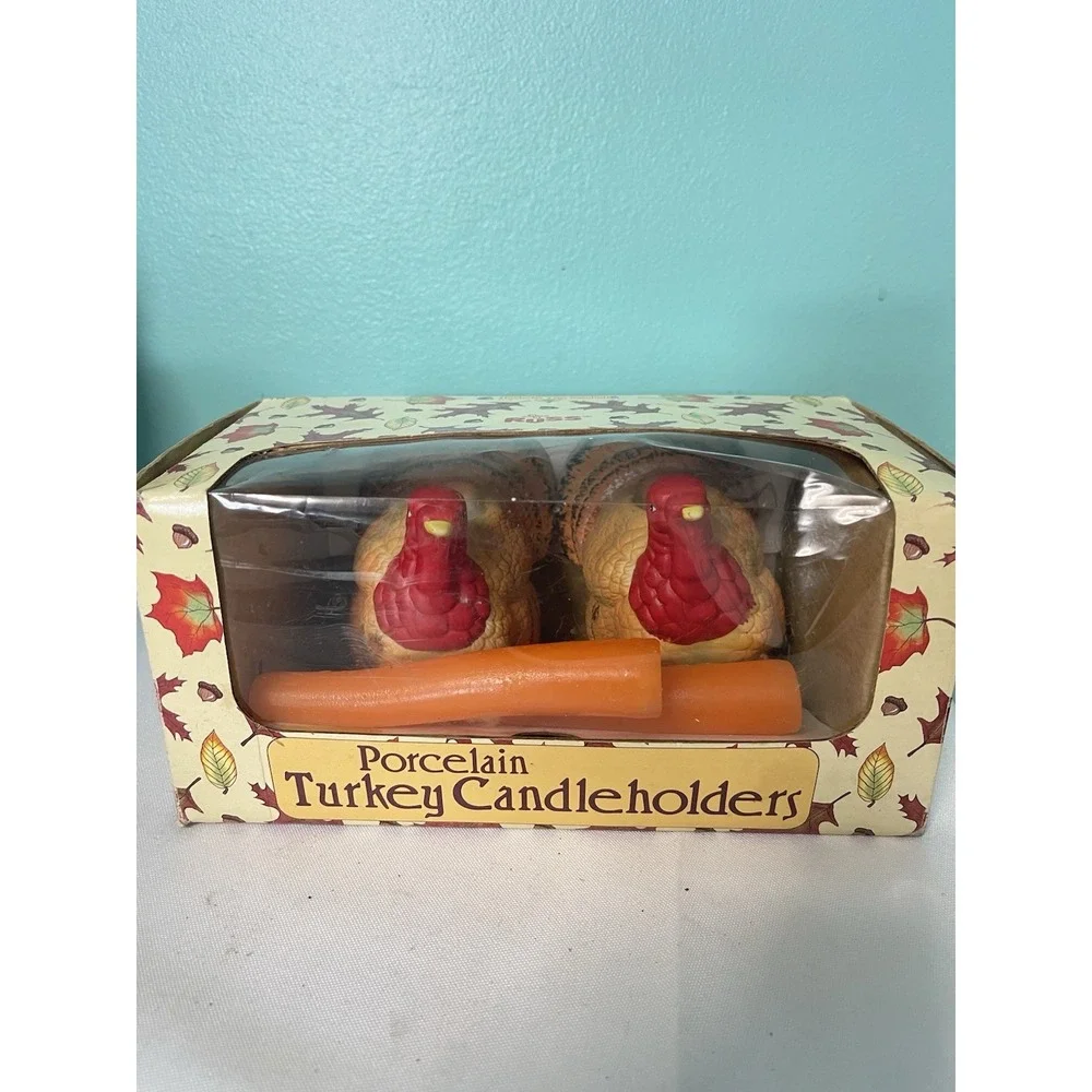Russ Vintage Pair of Porcelain Thanksgiving Turkey Candleholders Bin-Z‎